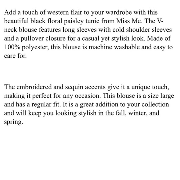 Miss Me Black Gold Floral Paisley Sequin VNeck Tunic Blouse Long Sleeve Sz Large - Picture 5 of 5